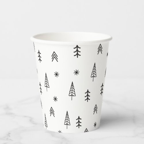 Minimalist Black  White Winter Forest Pattern Paper Cups