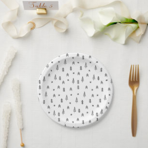 Minimalist Black & White Winter Forest Pattern Paper Plates