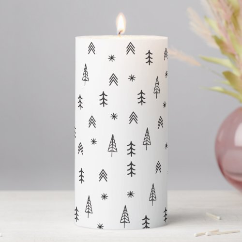 Minimalist Black  White Winter Forest Pattern Pillar Candle