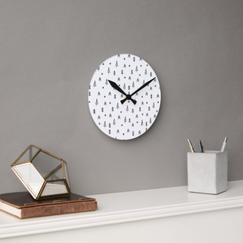 Minimalist Black  White Winter Forest Pattern Round Clock