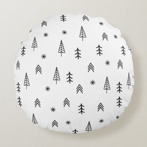 Minimalist Black  White Winter Forest Pattern Round Pillow