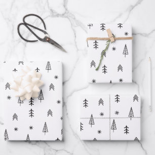 Minimalist Black & White Winter Forest Pattern Wrapping Paper Sheets
