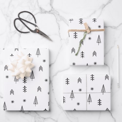 Minimalist Black  White Winter Forest Pattern Wrapping Paper Sheets