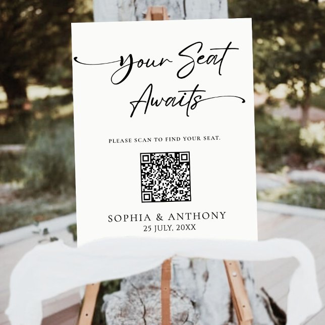 Minimalist Black & White Your Seat Awaits QR Code Foam Board (Creator Uploaded)