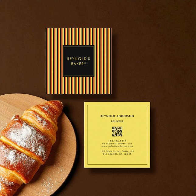 Minimalist Black & Yellow Stripes QR Code Bakery  Square Business Card (Creator Uploaded)