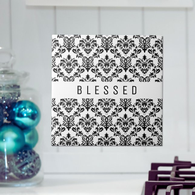 Minimalist BLESSED, black floral Ceramic Tile (Creator Uploaded)