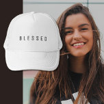 Minimalist BLESSED Text White Trucker Hat<br><div class="desc">Simple MINIMALIST Blessed Text. Wear your Christian faith message. Customize it with the color/font of your choice. Modern black lettering in all caps.</div>