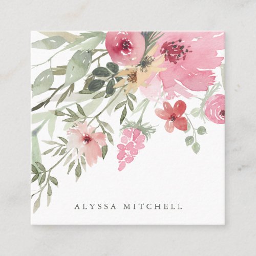 Minimalist Bloom  Pink Watercolor Floral Square Business Card