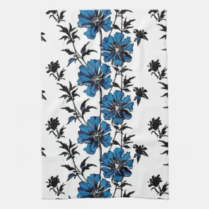 Minimalist blue and black floral ink illustration kitchen towel