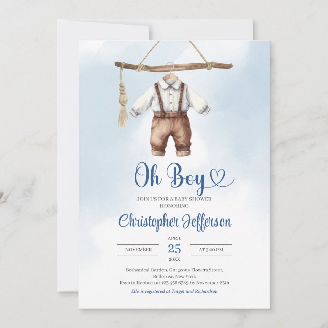 Minimalist Blue and Brown Boy Clothes Baby Shower Invitation (Front)