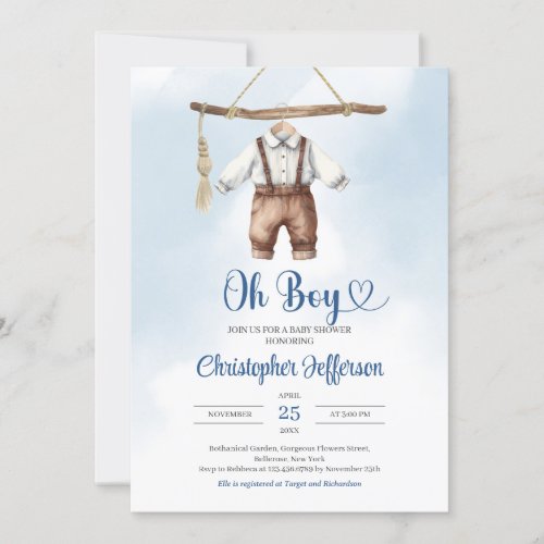 Minimalist Blue and Brown Boy Clothes Baby Shower Invitation