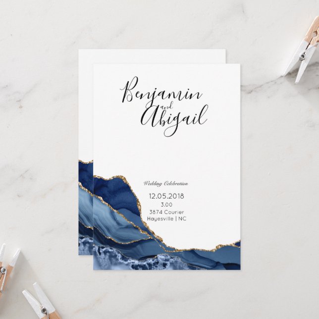 Minimalist Blue and Gold Agate Wedding Invitation (Front/Back In Situ)