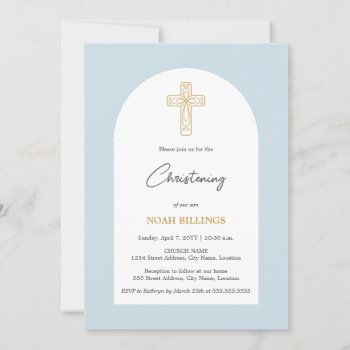 Minimalist Blue And Gold Cross Baptism Invitation by SocialiteDesigns at Zazzle