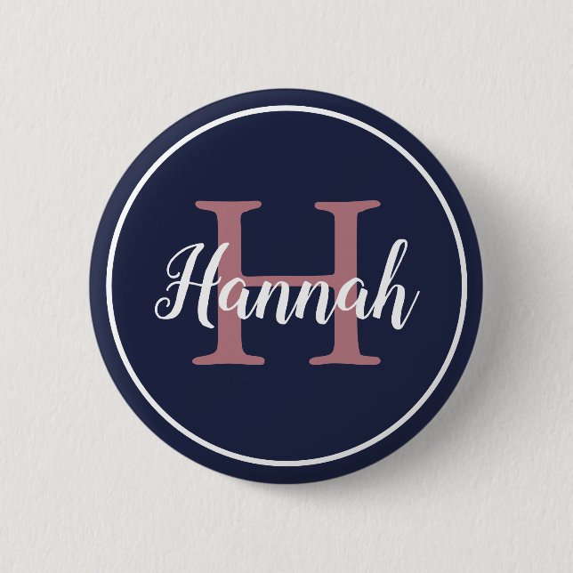 Minimalist Blue and Pink Script Monogram Name Button (Front)