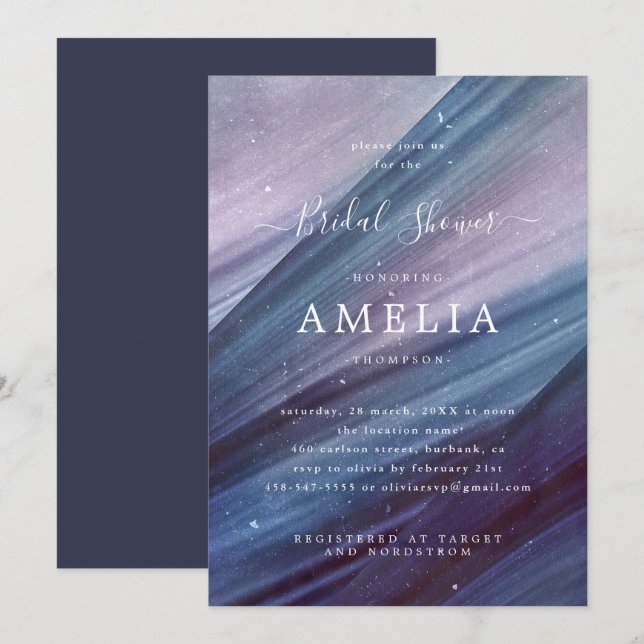 Minimalist Blue and Purple Abstract Bridal Shower Invitation (Front/Back)