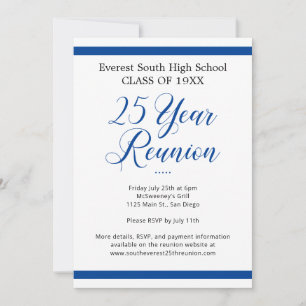 Minimalist Blue and White 25 Year Class Reunion Invitation