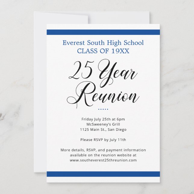 Minimalist Blue and White 25 Year Class Reunion Invitation (Front)