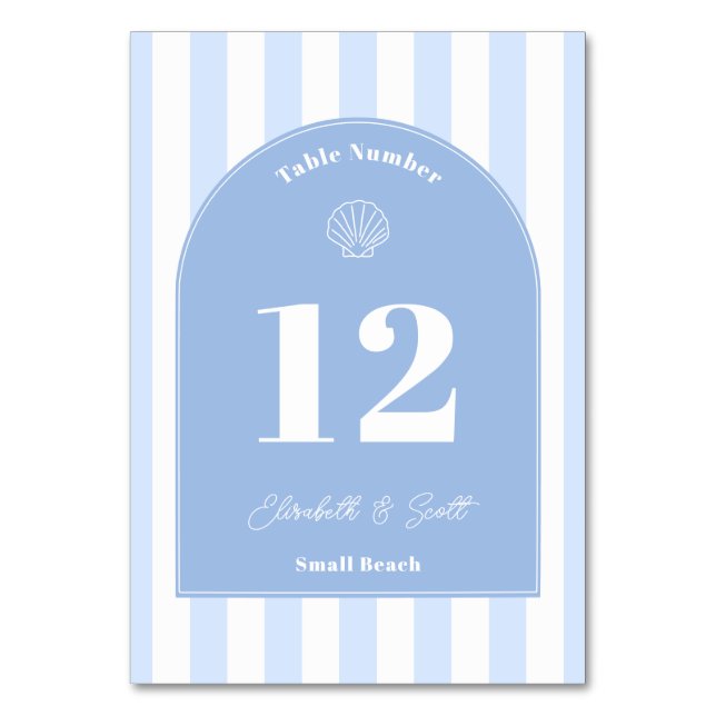 Minimalist Blue And White Coastal Wedding Table Number (Front)