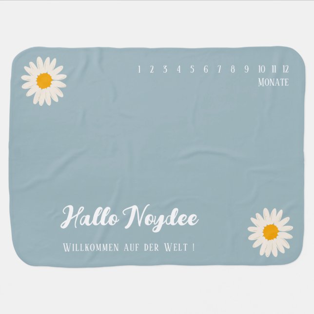 Minimalist Blue and White Daisy Milestone Baby Blanket (Horizontal)