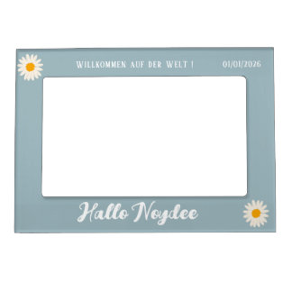 Minimalist Blue and White Daisy, Name, Birthday Magnetic Frame