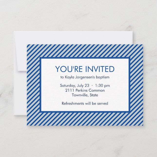 Minimalist Blue and White Diagonal Stripe Baptism Invitation (Front)