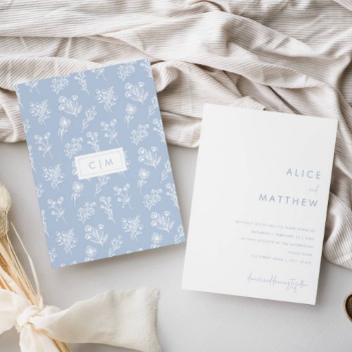 Minimalist Blue and White Floral Pattern Wedding Invitation
