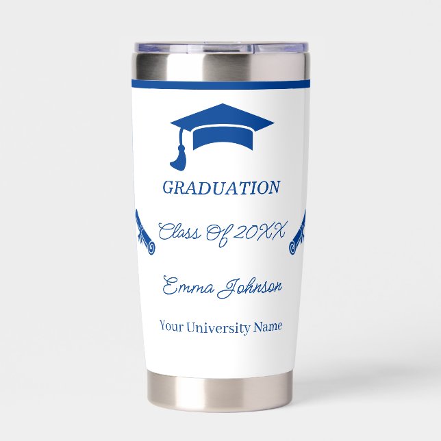 Minimalist Blue And White Graduation Custom Insulated Tumbler (Front)