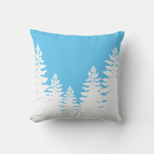 Minimalist blue and white pine tree silhouette throw pillow