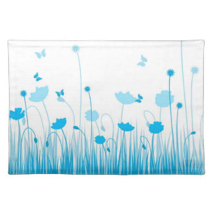 Minimalist Blue and White Poppies Meadow Floral Placemat