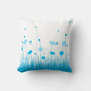 Minimalist Blue and White Poppies Meadow Floral Throw Pillow
