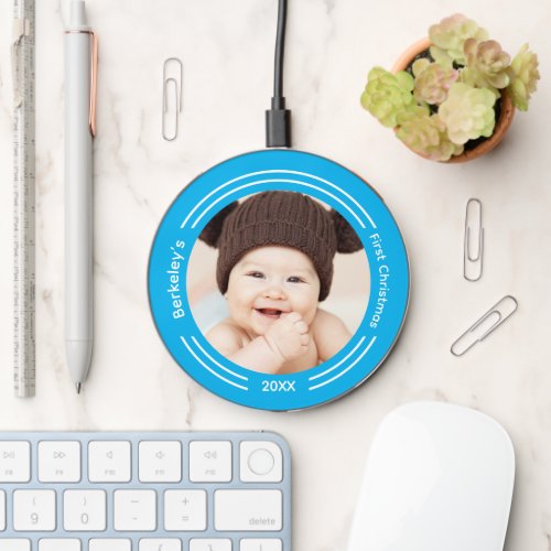 Minimalist Blue Baby Photo First Christmas Wireless Charger