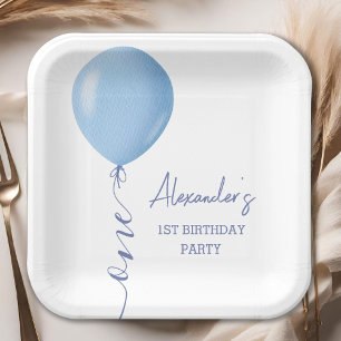 Minimalist Blue Balloon Boy 1st Birthday Paper Plates