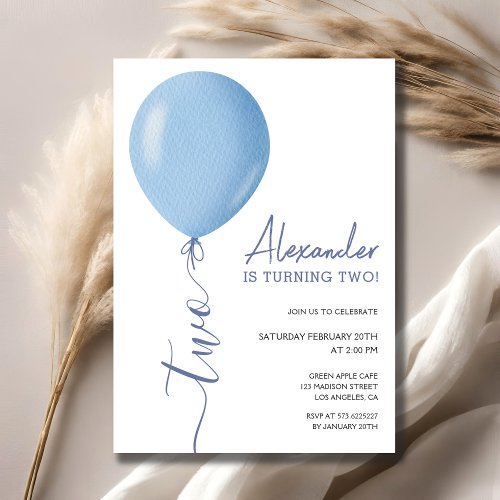 Minimalist Blue Balloon Boy 2nd Birthday Invitation