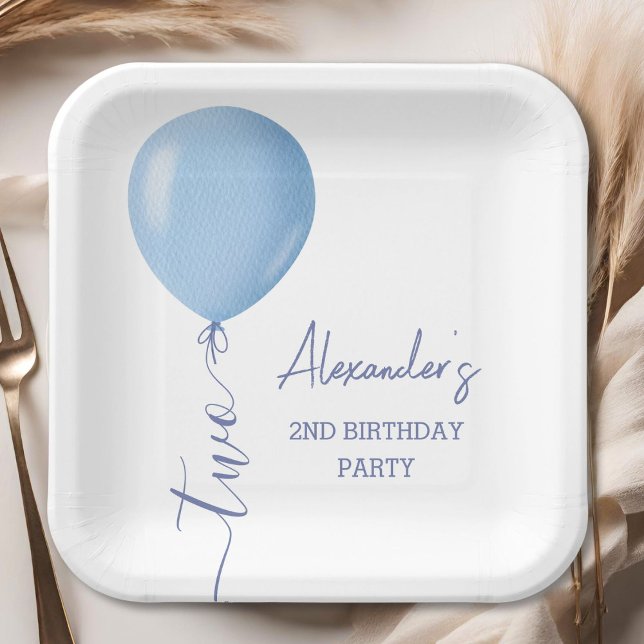 Minimalist Blue Balloon Boy 2nd Birthday Paper Plates (Creator Uploaded)