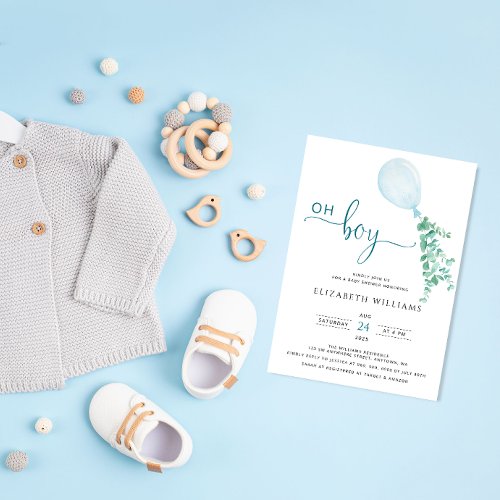 Minimalist Blue Balloon Eucalyptus Boy Baby Shower Invitation