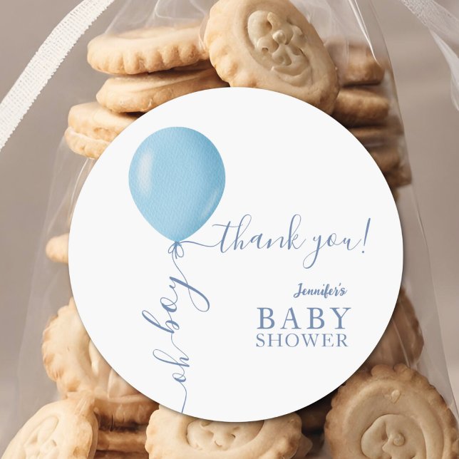 Minimalist Blue Balloon Oh Boy Baby Shower Classic Round Sticker (Creator Uploaded)