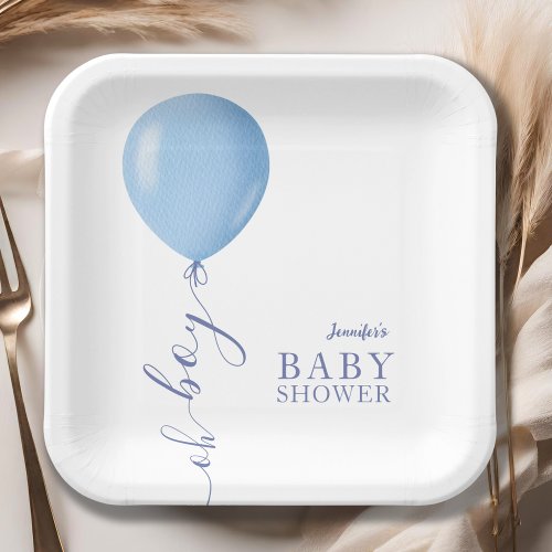 Minimalist Blue Balloon Oh Boy Baby Shower Paper Plates