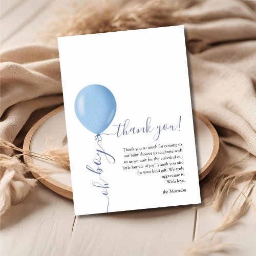Minimalist Blue Balloon Oh Boy Baby Shower Thank You Card