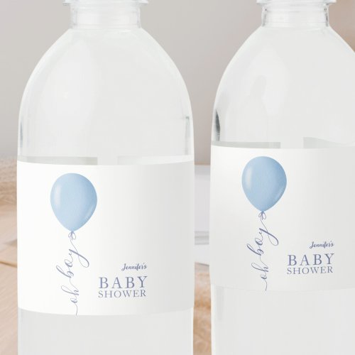 Minimalist Blue Balloon Oh Boy Baby Shower Water Bottle Label