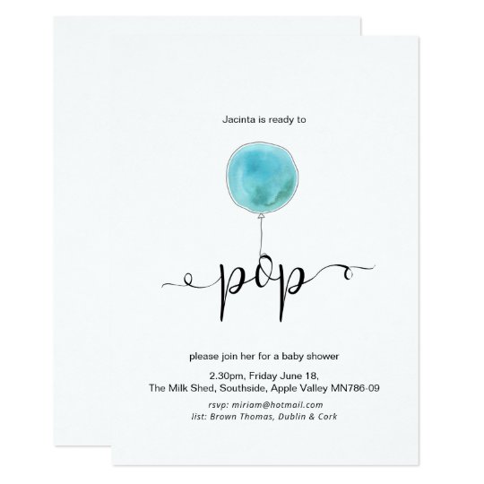 Minimalist Blue Balloon Ready To Pop Baby Shower Invitation