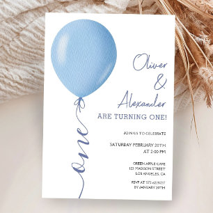 Minimalist Blue Balloon Twins Boys 1st Birthday Invitation