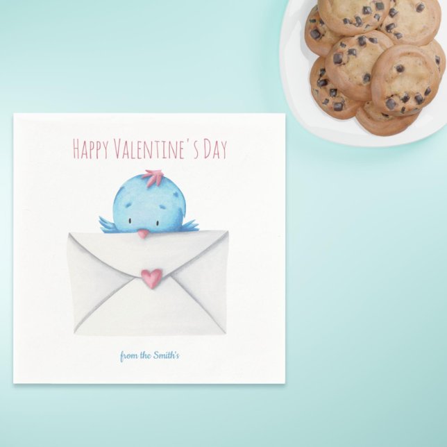 Minimalist Blue Bird Happy Valentine's Day From  Napkins (Happy Valentine's day love bird napkins)