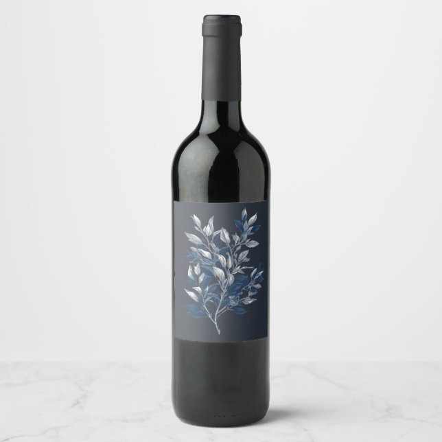 Minimalist Blue Botanical Nature Design Wine Label (Front)