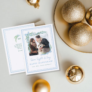 Minimalist Blue Bow Greenery Hanukkah Photo Card