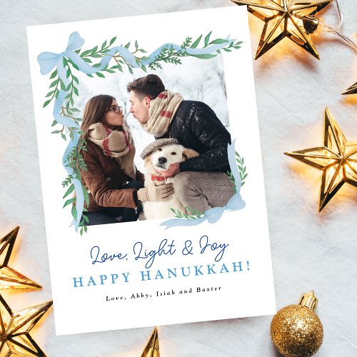 Minimalist Blue Bow Greenery Hanukkah Photo Card