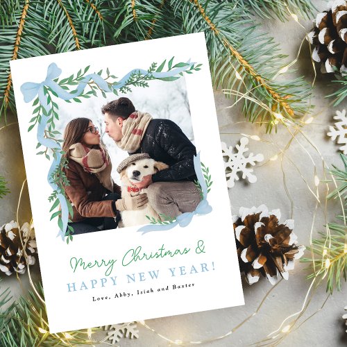 Minimalist Blue Bow  Greenery Holiday Photo Card