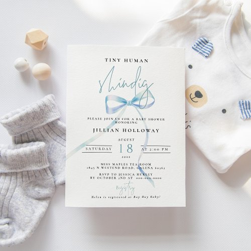 Minimalist Blue BOW Tiny human Shindig Baby Shower Invitation