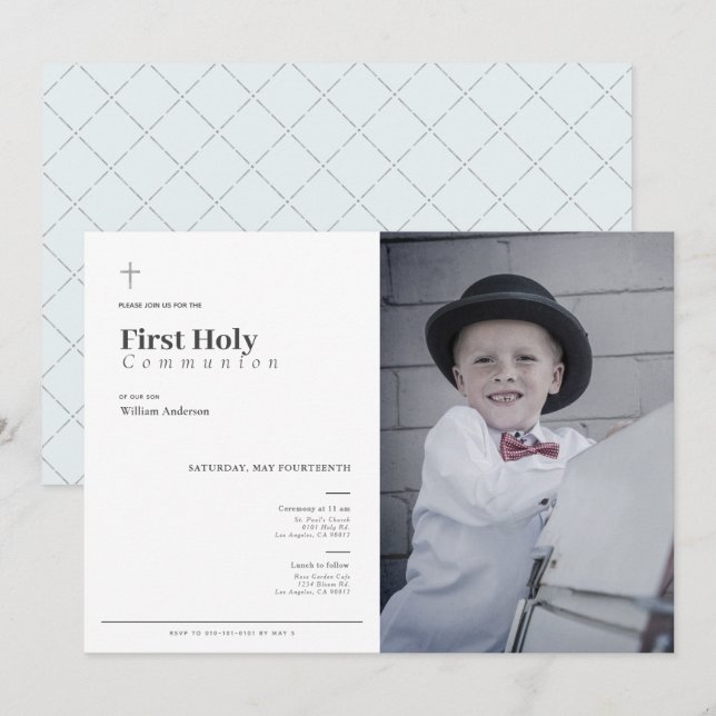 Minimalist Blue Boy Photo First Holy Communion Invitation (Front/Back)