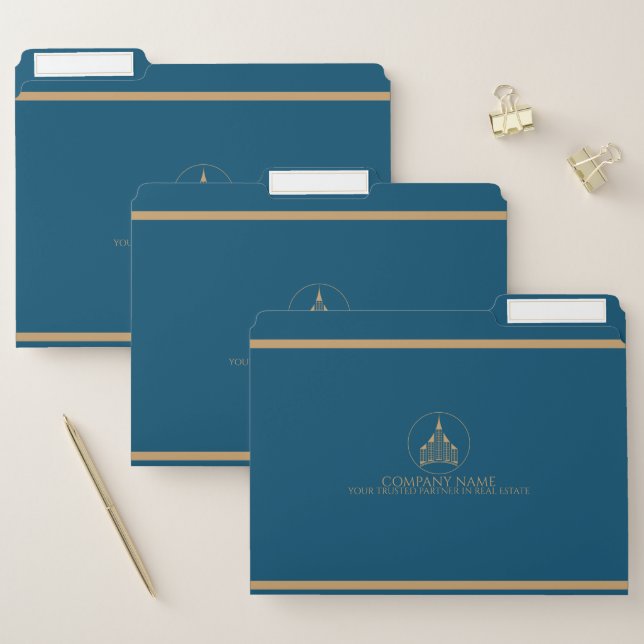 Minimalist Blue, Brown Classy Real Estate Agent File Folder (Set)