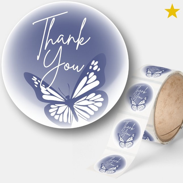Minimalist Blue Butterfly Cursive Thank You Classic Round Sticker (Creator Uploaded)
